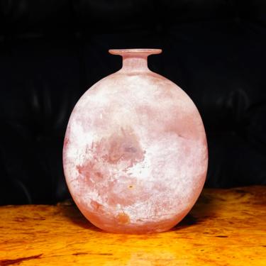 Vintage Signed Cenedese Scavo Murano Frosted Pink Glass Vase, Beautiful Italian Glass Vase, Flat Top Bottle Vase, 7” H 