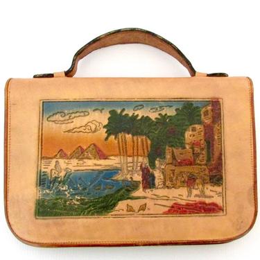 EGYPTIAN REVIVAL Vintage 30s Clutch | 1930s Hand Tooled Painted Leather Purse | Queen Nefertiti Egypt Oasis | Deco Era Handbag Bag w/ Handle 