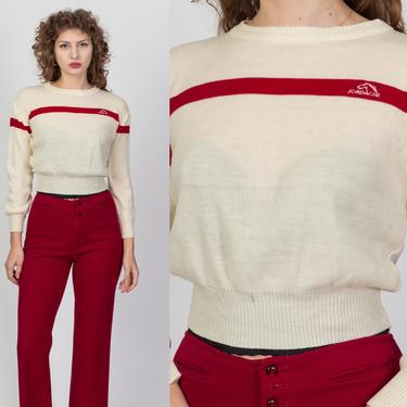 80s Jordache Striped Cropped Sweater - Medium | Vintage Cream Red Knit Pullover Top 