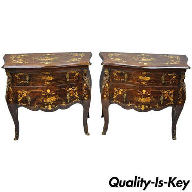 Pair Italian Inlaid French Louis XV Bombe Nightstands Commode by Roma Furniture