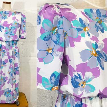 Vintage Floral Dress 1980s 80s Alison Peters Short Sleeves Straight Square Neckline Pastel Flowers Flower Large 
