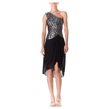 1980S Black  Silver Poly/Lurex Jacquard Couture Pleated One Shoulder Late Disco Cocktail Dress 