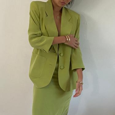 90s 100% silk crepe suit / vintage pear green silk skirt suit / apple green silk blazer high waisted silk pencil skirt suit | S 