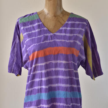 70s Vintage BATIK TIE DYE India Tunic by ZodiAC, Purple Striped V-neck T-Shirt Cotton/Rayon Blend Hippie Top Kimono Sleeves Gauze Size Small 