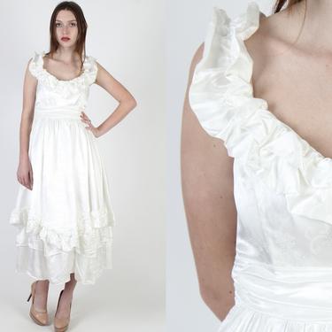 Vintage 80s Gunne Sax Ivory Satin Maxi Dress / 1980s Jessica McClintock Wedding Dress / Plain Prom Outfit Bridal Party Dress 