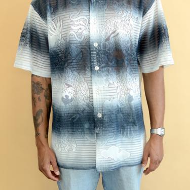 Vintage Mesh Blue Dragon Print Short Sleeve Button Down Collar Shirt XL Large 90s 2000s 