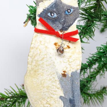 Vintage Kitten Original Hand Painted Watercolor Art Christmas Ornament,  Siamese Cat Portrait Decor 