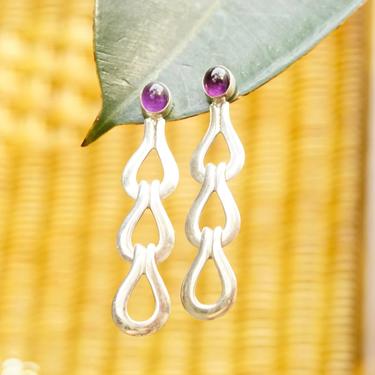 Vintage Sterling Silver Amethyst Dangle Stud Earrings, Teardrop Link Earrings, Purple Gemstone, Modernist, Statement Earrings, 2 7/8&quot; L 