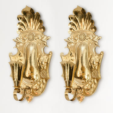Large pair of Swedish hammered brass wall scones