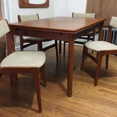 Mid Century Modern Danish Teak Extendable Draw Leaf Table &amp; Chairs Set Signed by Furbo Made in Denmark (PureVintageNYC) 