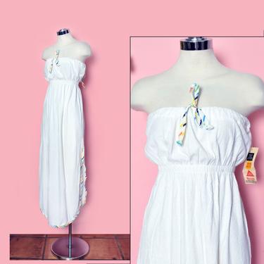 70's White Vintage Long Dress with Orig TAGS, Hippie Boho Strapless Terrycloth Dress, Drawstring Halter Festival Dress Gown 