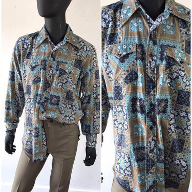 Vtg 70s Wrangler Patchwork Floral Print Western Shirt / Size 47 Chest / Large / XL 