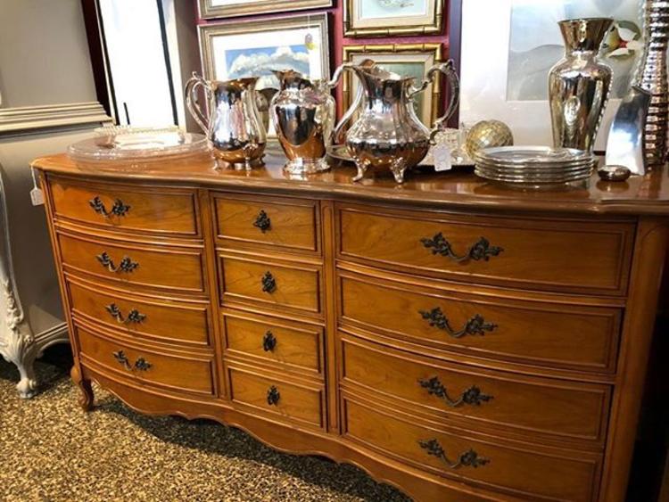 Dixie blonde mahogany dresser 9 drawers, bottom drawers are double!! 20 deep 62long 32 high 