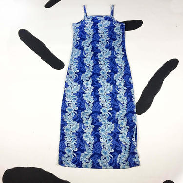90s Blue Tribal Hibiscus Print Maxi Dress / Spaghetti Strap / Tank Dress / Size Medium / Tropical / Cyber / Goth / Club Kid / Lizzy / Zenon 