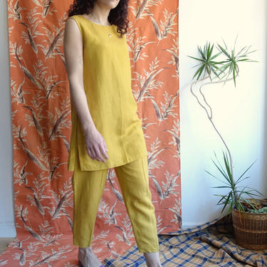 Vintage 90s Goldenrod Two Piece Linen Set/ 1990s Yellow Marigold Tunic and Pants Matching Suit/ Spring Summer/ Size Small Medium 