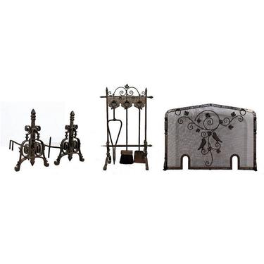 French Art Deco Hand Forged Wrought Iron Andiron Fireplace Tool Set and Screen 