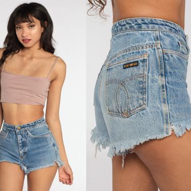 Cutoff Denim Shorts 2xs -- High Waisted Cutoffs Cut Offs High Waist 80s Blue Frayed Jean Vintage Hippie High Rise Extra small xxs 