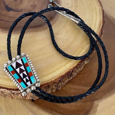 POINT IT OUT Zuni Inlay Sterling Silver Bolo Tie | Jet, Mop, Coral, Turquoise, Leather | Native American Southwestern Jewelry 