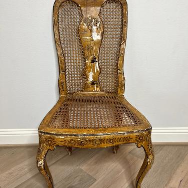 18th/19th Century Venetian Chinoiserie Italian Rococo Painted Carved Wood Caned Side Chair, Original Antique Distressed Chippy Paint Lacquer 