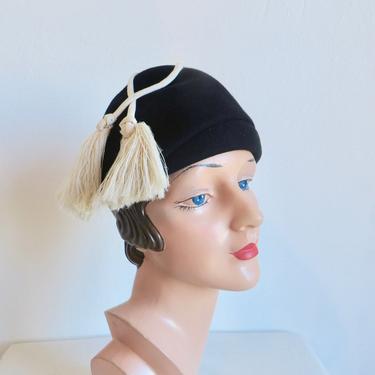 Vintage 1950's Black Felt Cone Shape Hat White Tassels Trim 50's Millinery Merrimac 