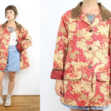 Vintage 90's Red Floral Chore Jacket / 1990's Red Floral Denim Barn Coat / Fall / Pockets / Cotton / Women's Size Medium Large XL 