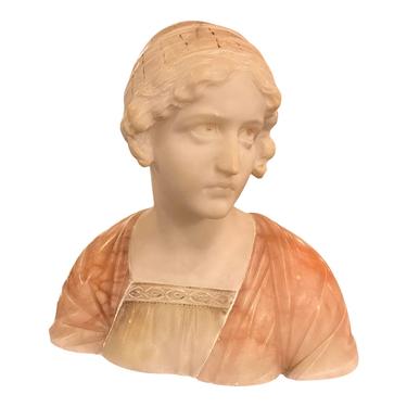 Antique Carved Italian Pink Alabaster Bust of Mignon by Prof. Giuseppe Bessi 