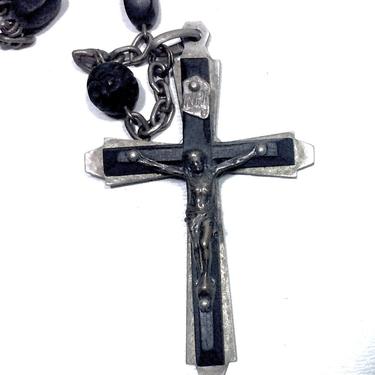 Vintage Rosary Ebony Cross Crucifix Genuine Coco Bone Rosary beads made in France 