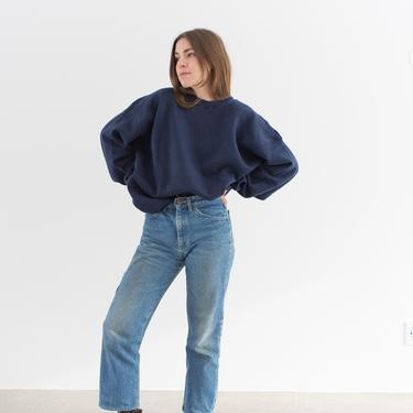 Vintage 90s Navy Blue Crew Sweatshirt | Heavyweight Blank Cozy Fleece Sweat | Made in USA | L XL | 