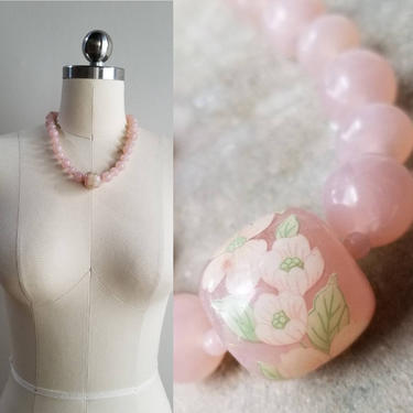 1930's Pink Catalin Bead Necklace with Hibiscus Decal Vintage Jewelry Vintage 30's Accessories 30s Boho Chic 