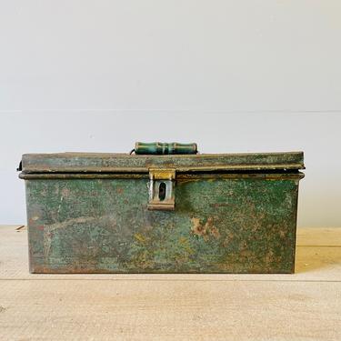 Green Metal Box with Handle and Removable Tray | Antique Cash Box | Industrial | Toolbox | Craft Storage | Junk | Rustic | Box with Lid 