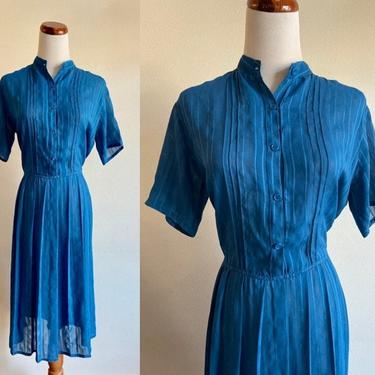 Vintage 80s Dress, Sheer Cobalt Blue Dress, Short Sleeve Shirtwaist Dress, 1980s Shirt Dress, Stripes and Polka Dot Sheer Dress, Large 
