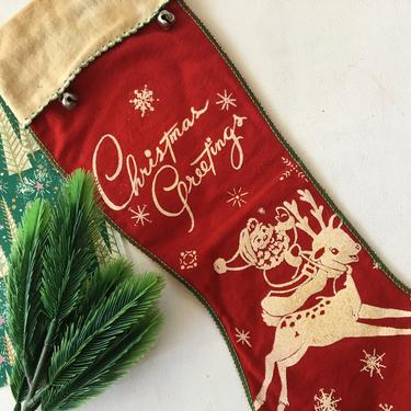 Vintage Flannel Christmas Stocking, Kitschy Santa Riding Reindeer, Christmas Greetings, MCM Mantel Fireplace Decor 