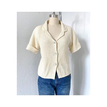 Ivory Vintage rib knit top, Minimalist rib knit tee, Button Up Knit Shirt, Short Sleeve Tricot, SZ M 