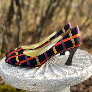 80s sz 6.5 CHARLES JOURDAN plaid shoes / vintage 1980s black silk multicolor high heels pumps 