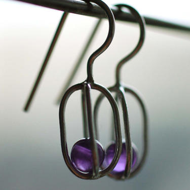 Gravity Collection: Sterling Silver Earrings with Floating Amethyst - Free Domestic Shipping 