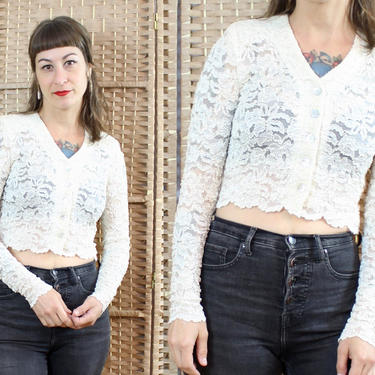 Vintage 90's Cropped White Lace Blouse / 1990's Long Sleeve Lace Top / Crop Top / Women's Size XS Small by Ru