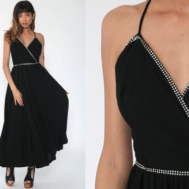 Black Maxi Dress 90s Party RHINESTONE Strap Dress Criss Cross Dress Y2K Vintage Going Out Dress Cocktail Spaghetti Strap Small 