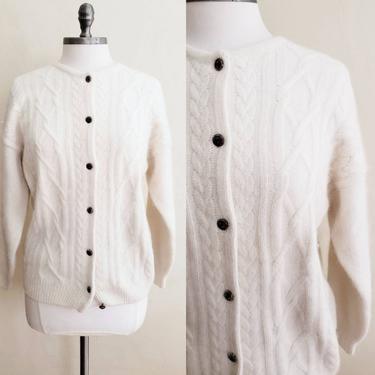 Vintage White Cardigan Angora Blend / Optimum Button Down Cable Knit Sweater Hygge / S 