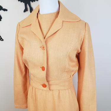 Vintage 1960's Peach Dress and Jacket Set / 70s Orange Dress and Coat S 