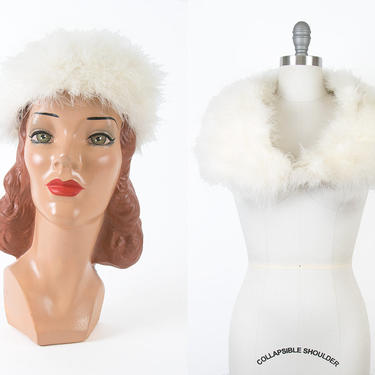 Vintage 1960s Hat + Wrap Set | 60s White Marabou Feather Pillbox Hat Bridal Wedding Party Stole 