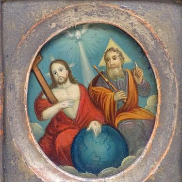 Antique 1800's Holy Trinity Miniature Portrait Original Oil Painting on Tin, Original Frame, Religious Retablo Icon 