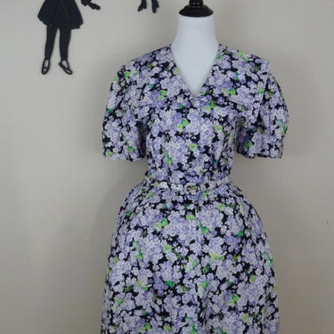 Vintage 1980's Does 1950's Floral Dress / 80s Liliac Full Skirt Day Dress L 