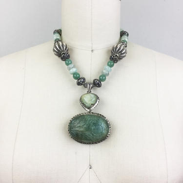 Vintage Green Beaded Necklace Large Carved Pendant Jade Statement Piece Nouveau Deco 