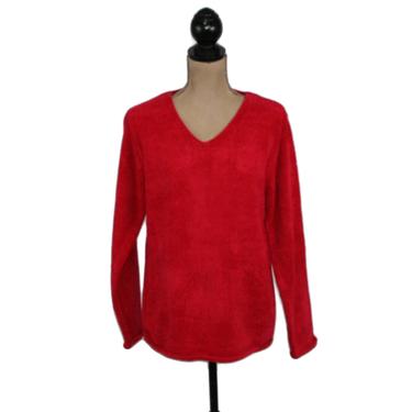 90s Red Chenille Sweater, Oversized Slouchy V Neck, Acrylic Knit Pullover, 1990s Clothes Women Medium, Vintage Clothing from Crescent Bay 