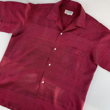 1950'S SILK Jacquard Shirt - Cranberry Colored Iridescent Silk - Loop Collar - Patch Pocket - Men's Size LARGE 