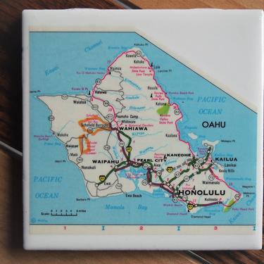 1979 Oahu Hawaii Handmade Repurposed Map Coaster - Ceramic Tile - Repurposed 1970s Rand McNally Atlas - Honolulu - Vintage Map 
