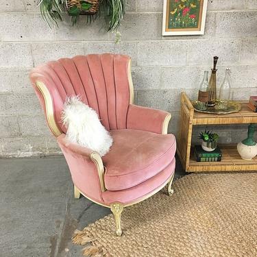 LOCAL PICKUP ONLY Vintage Velvet Chair Retro 1960's Pink Tufted Lounge Chair with Carved Wood Flower Frame and Scroll Feet for Living Room 