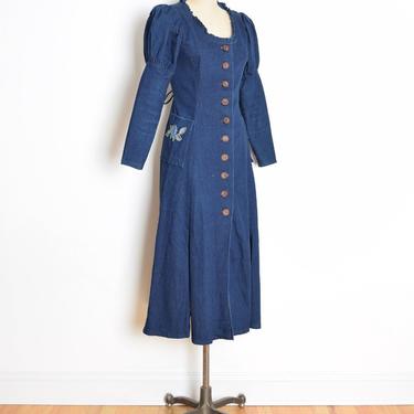 vintage 90s dress dark denim carwash flap fringe puff sleeve jean dress M L prairie hippie medieval 