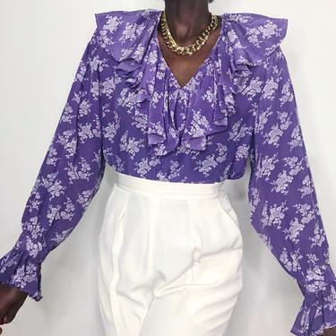 Vintage 90s Pure Silk Lilac Ruffled Neck Poet Blouse 