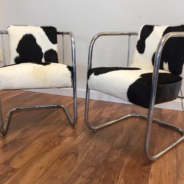Pair Vintage Cantilevered Cowhide &amp; Leather Chairs 